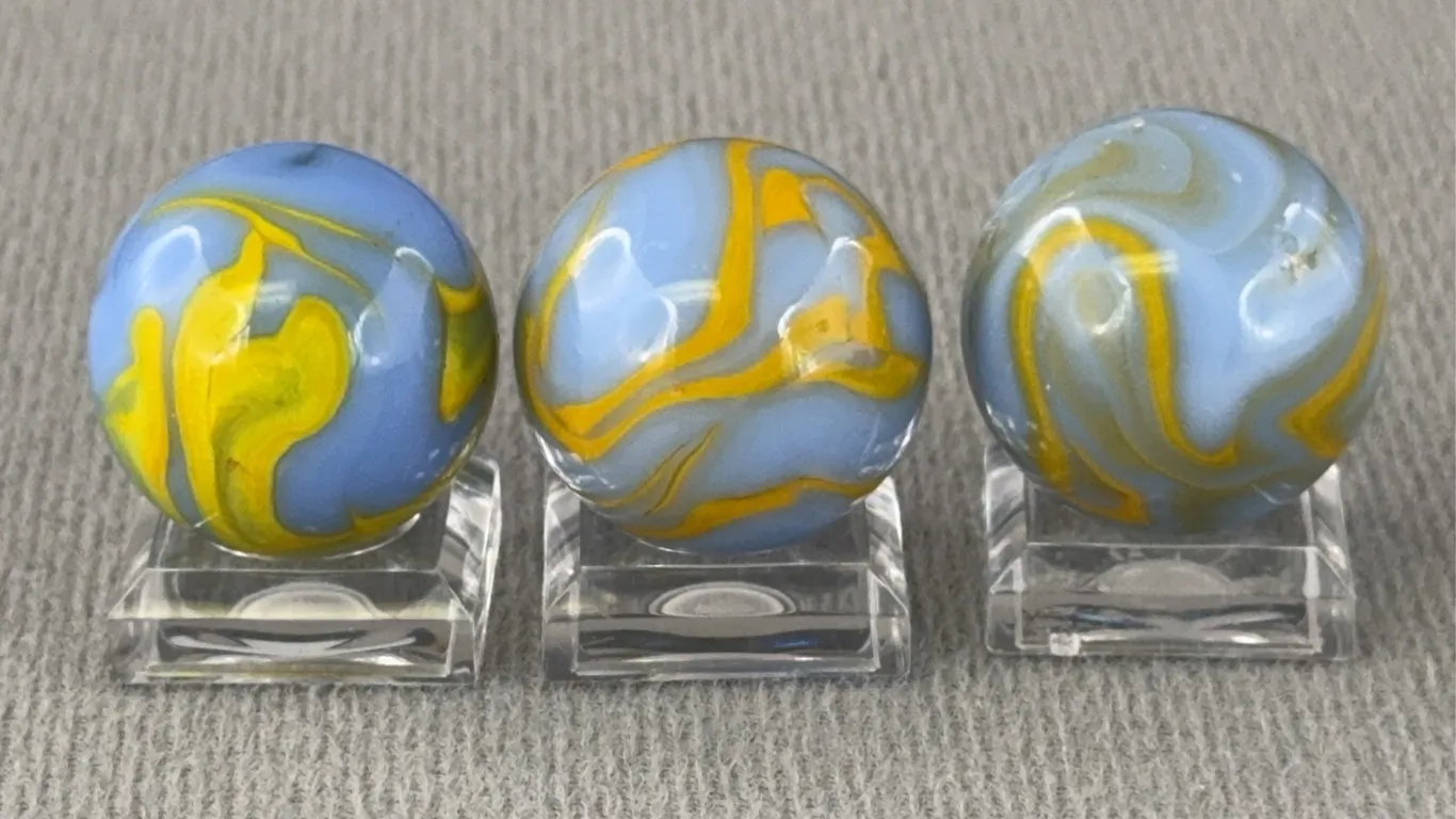 3 Blue Glass Marbles W/ Swirls, Appr. 3/4” D