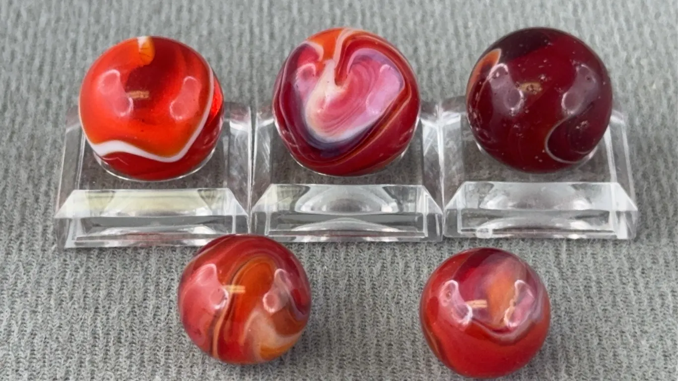 5 Red Slag Marbles, Appr. 1/2” D