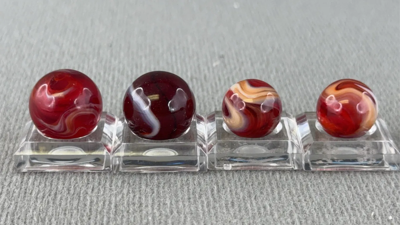 4 Red Slag Glass Marbles, Appr. 1/2” D