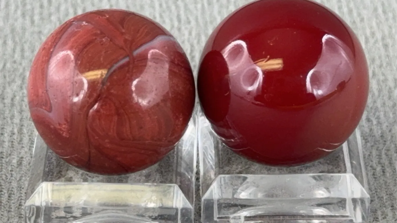 2 Red Glass Marbles W/ Swirls, Appr. 3/4” D