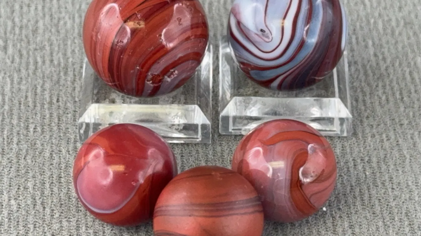 5 Red Glass Marbles W/ Swirls, Appr. 1/2-3/4” D