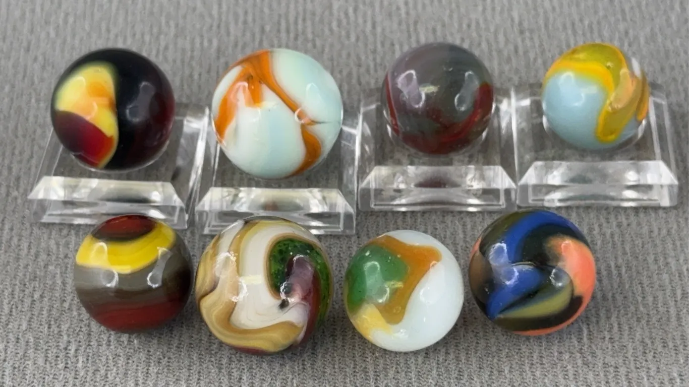 8 Multi Color Glass Marbles W/ Swirl, Appr. 1/2” D