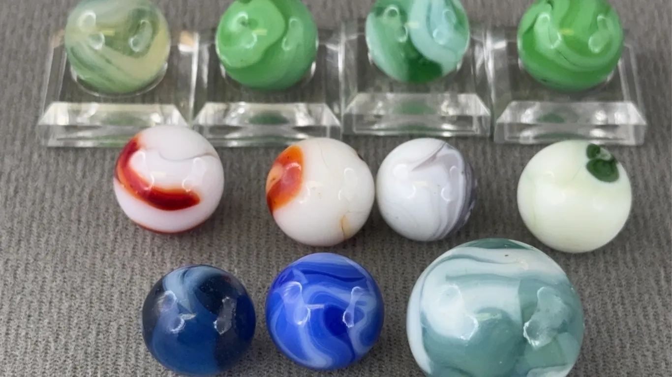 11 Multi Color Glass Marbles W/ Swirl, Appr. 1/2-3/4” D