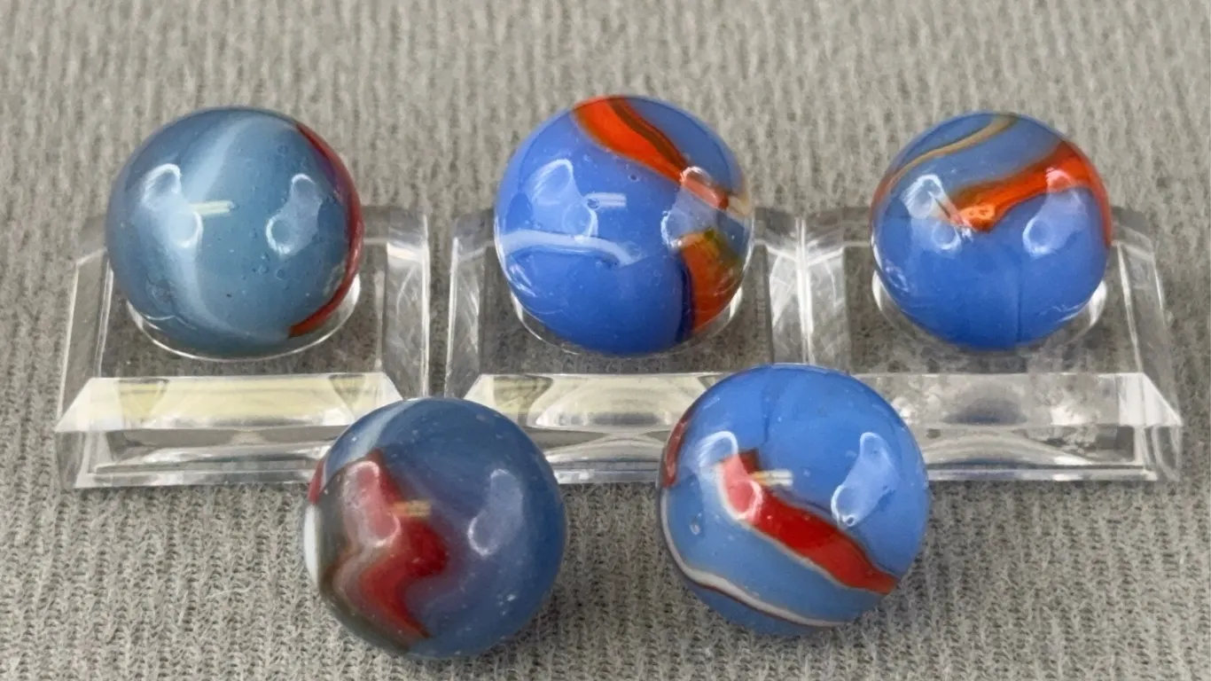 5 Blue Glass Marbles W/ Swirls, Appr. 1/2” D