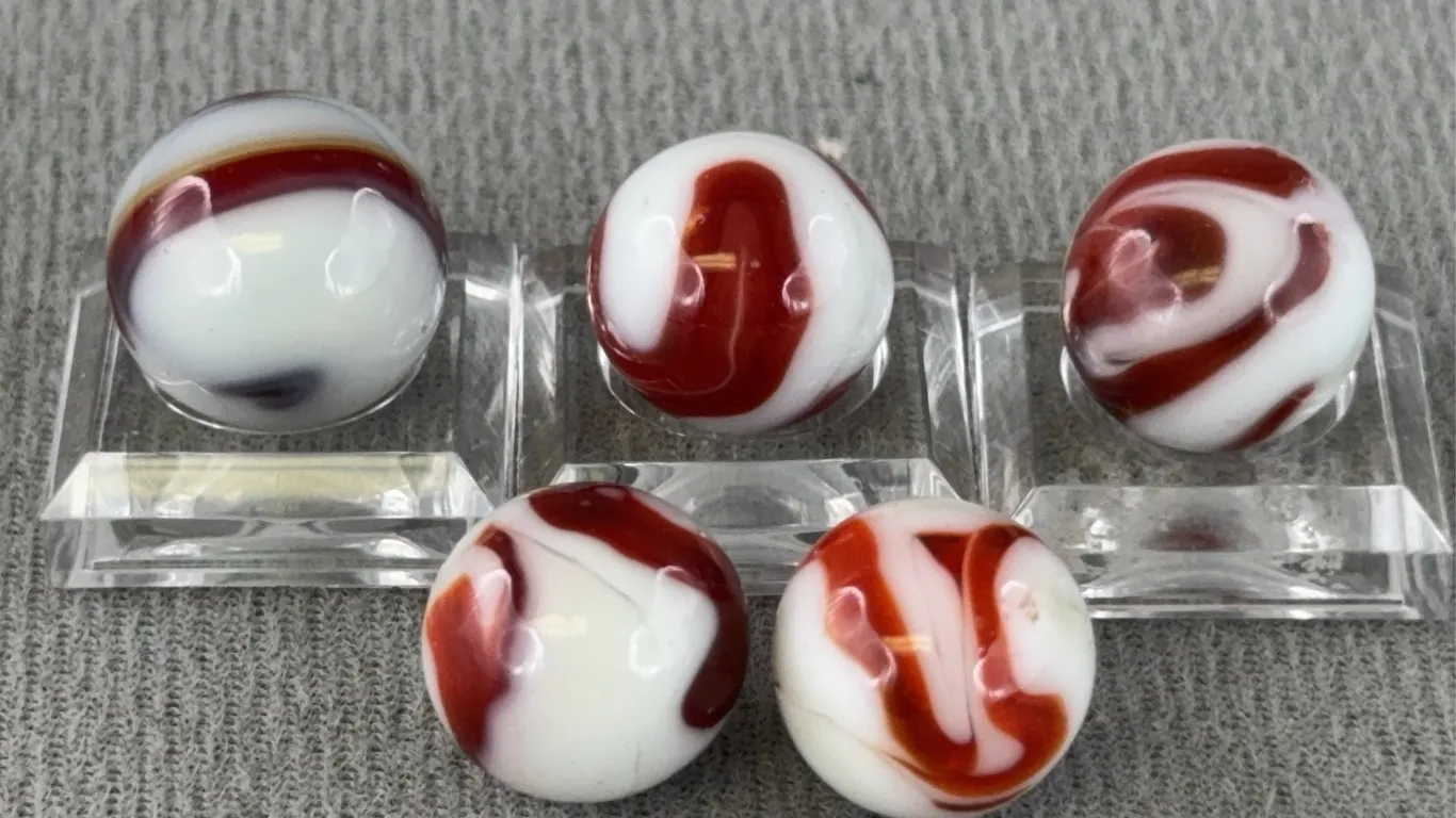 5 Glass Marbles W/ Swirls, Appr. 1/2” D