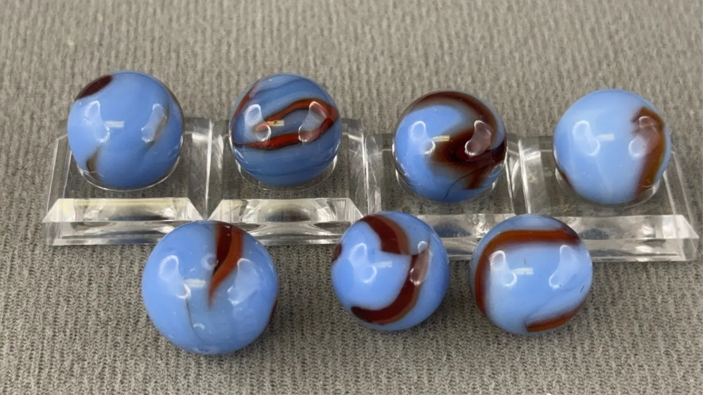 7 Glass Marbles W/ Swirls, Appr. 1/2” D