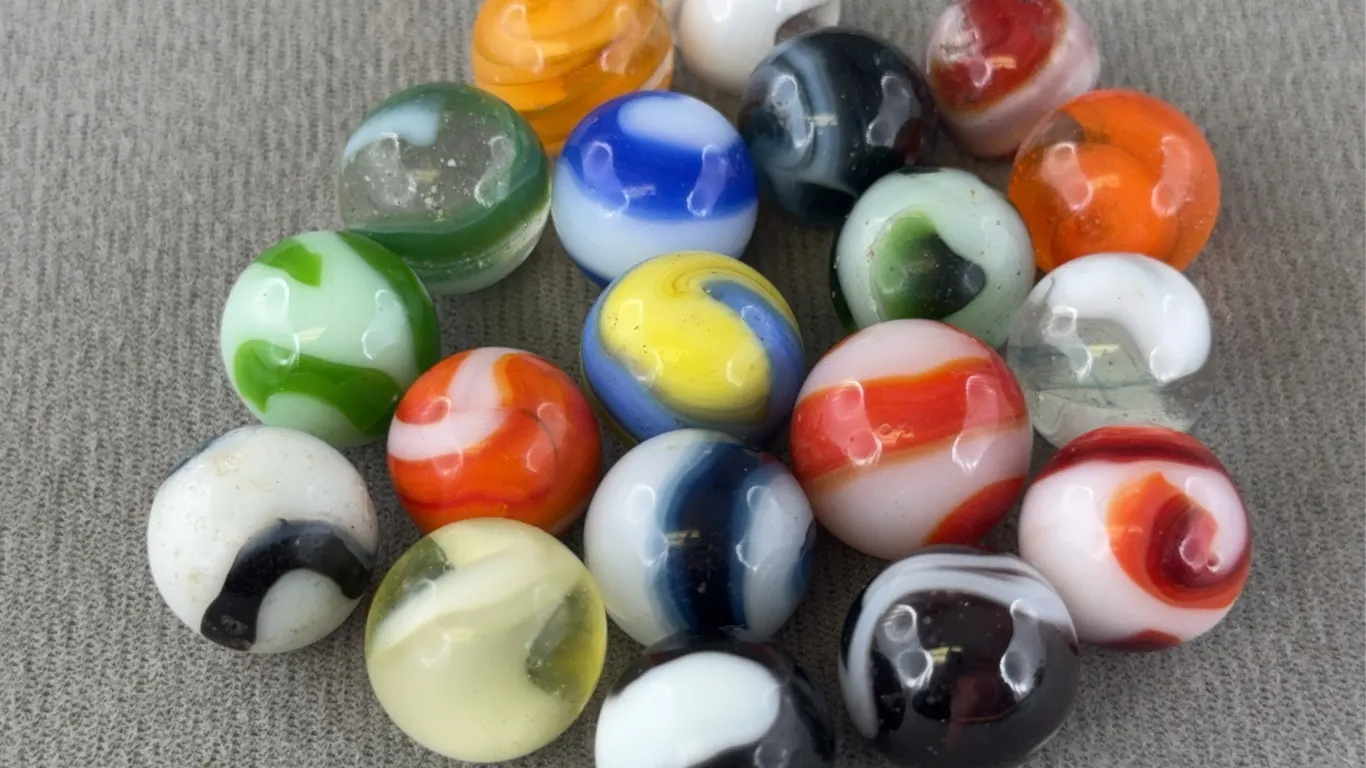 19 Glass Marbles W/ Swirls, Appr. 1/2” D