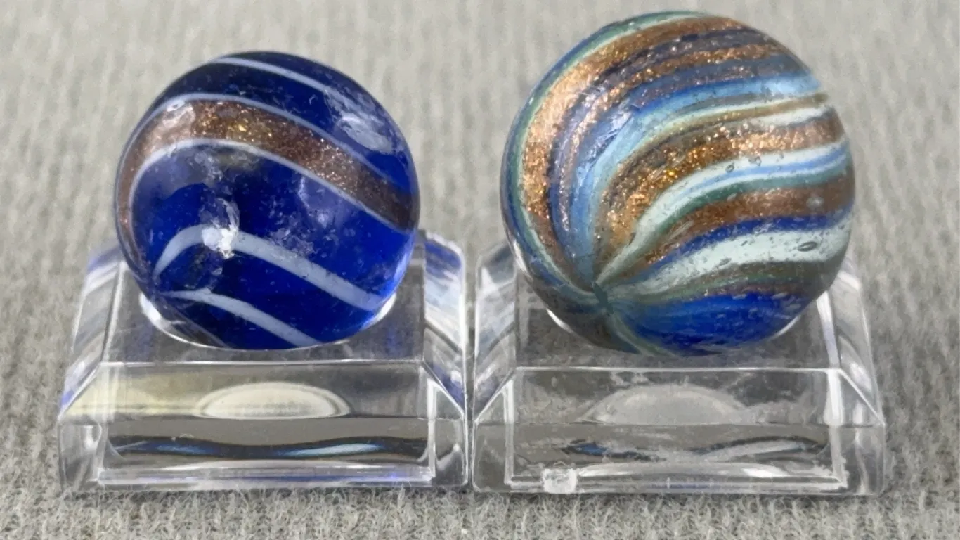 2 Swirl Glass Marbles W/ Lutz, Appr. 1/2” D