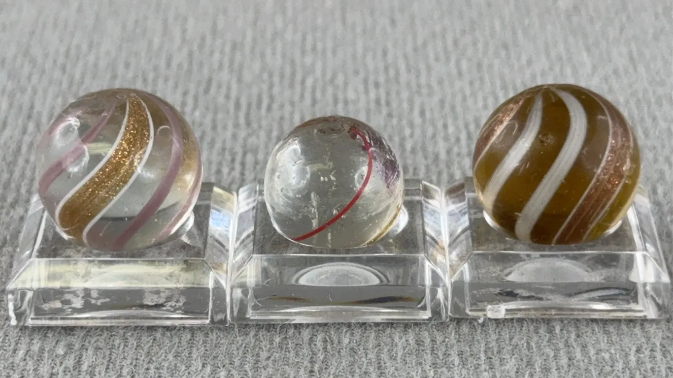 3 Swirl Glass Marbles W/ Lutz, Appr. 1/2” D