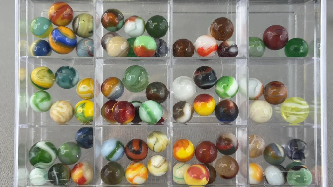 Machine Made Multi Color Glass Marbles, Appr. 1/2” D W/ Case, Appr. 7 1/2” x 5”