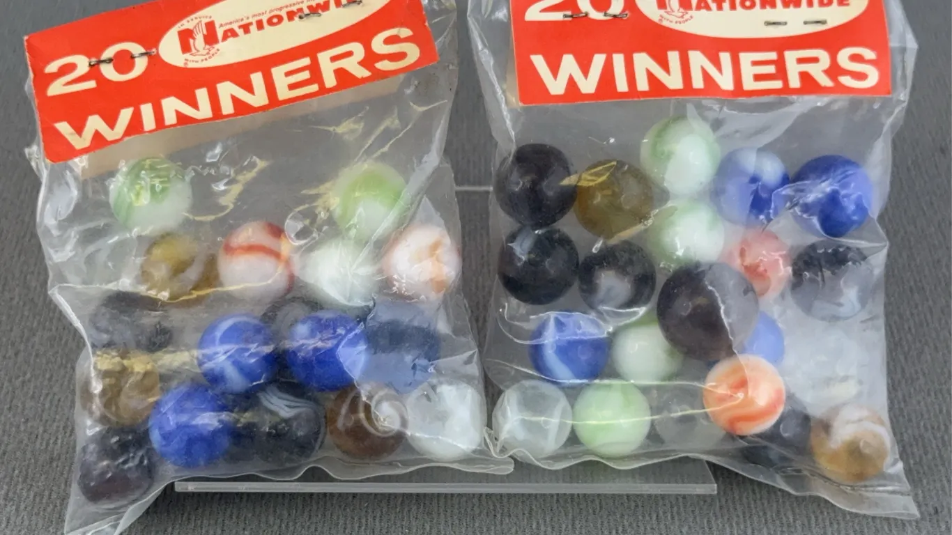 40 Glass Marbles W/ Original Packaging, Appr. 1/2” D