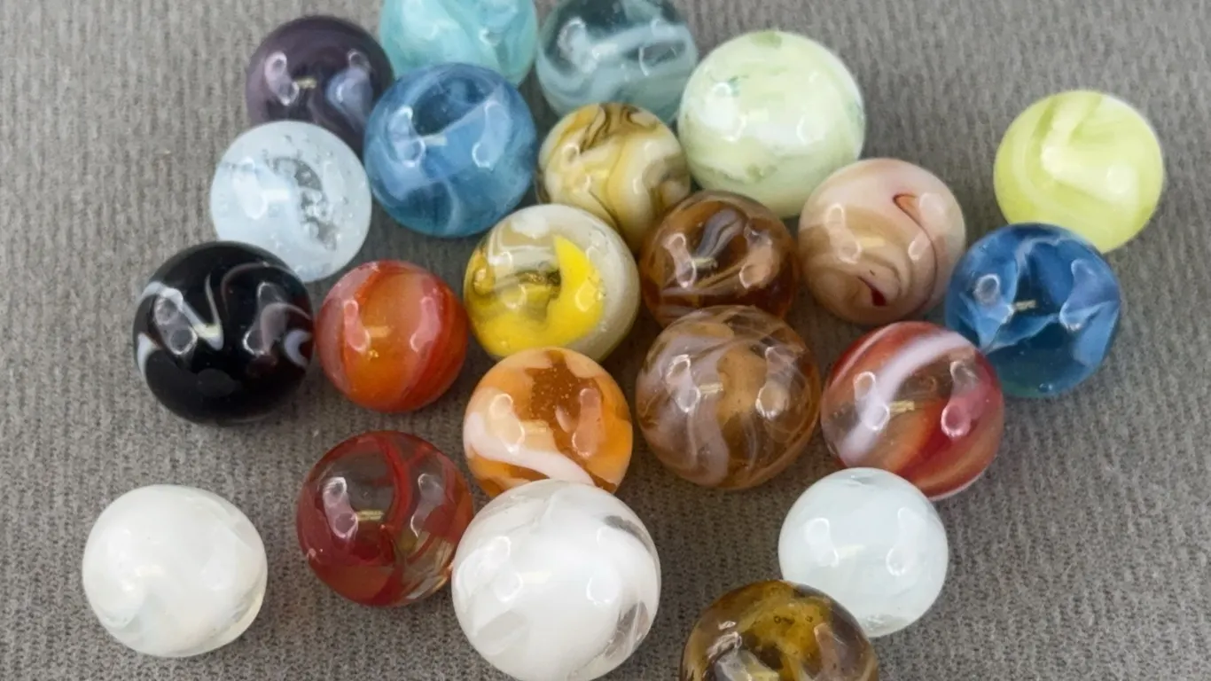 22 Clear Glass Marbles W/ Swirls, Appr. 1/2” D