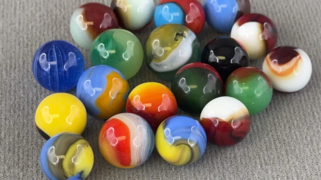 19 Multi Color Glass Marbles W/ Swirls, Appr. 1/2” D