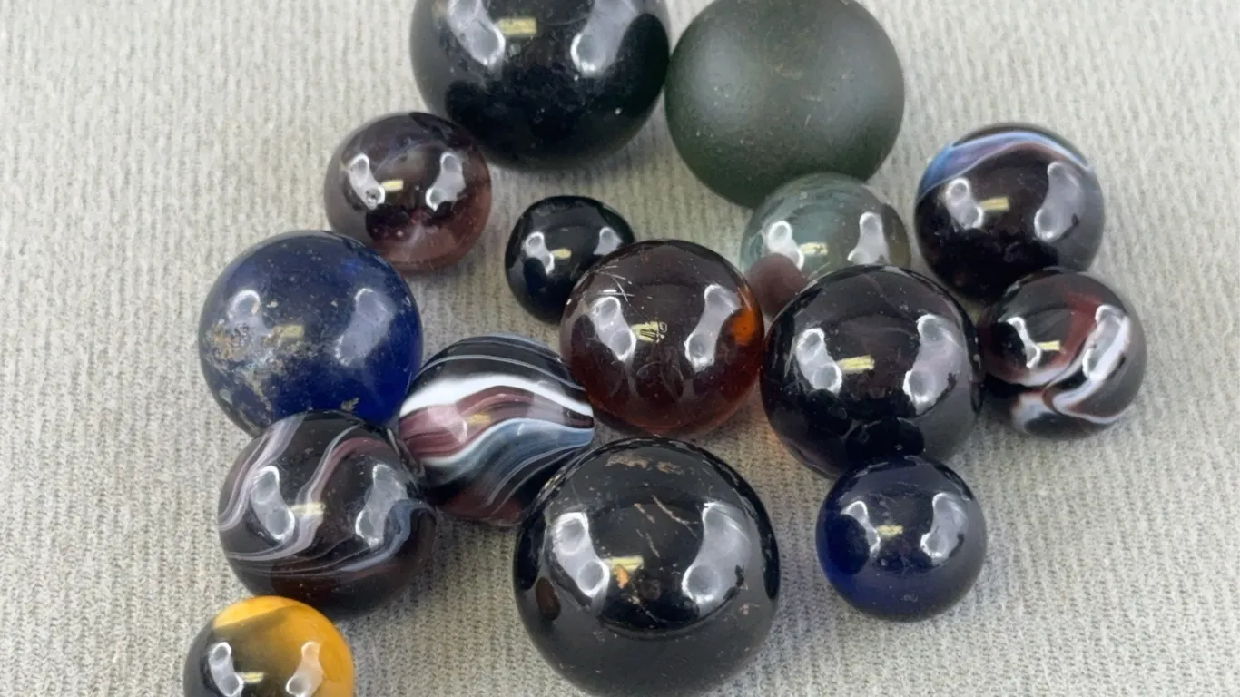 15 Black Glass Marbles, Appr. 1/2-3/4” D