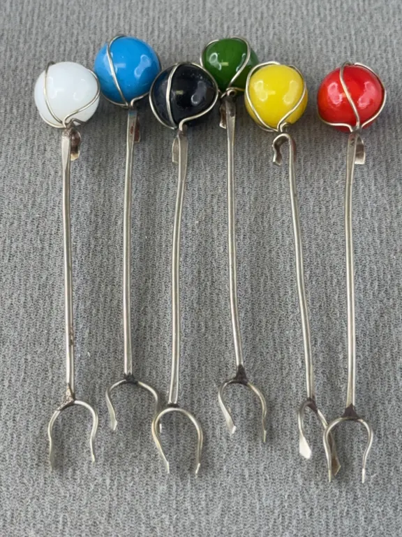 6 Cocktail Forks W/ Glass Marbles, Appr. 4” L