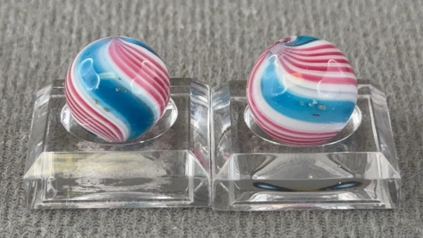 2 Red, White & Blue Mark Matthews Swirl Glass Marbles W/ Mica Appr. 1/4” D