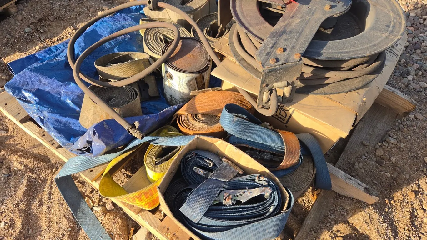 Pallet Of Misc. Straps, Hose Reel