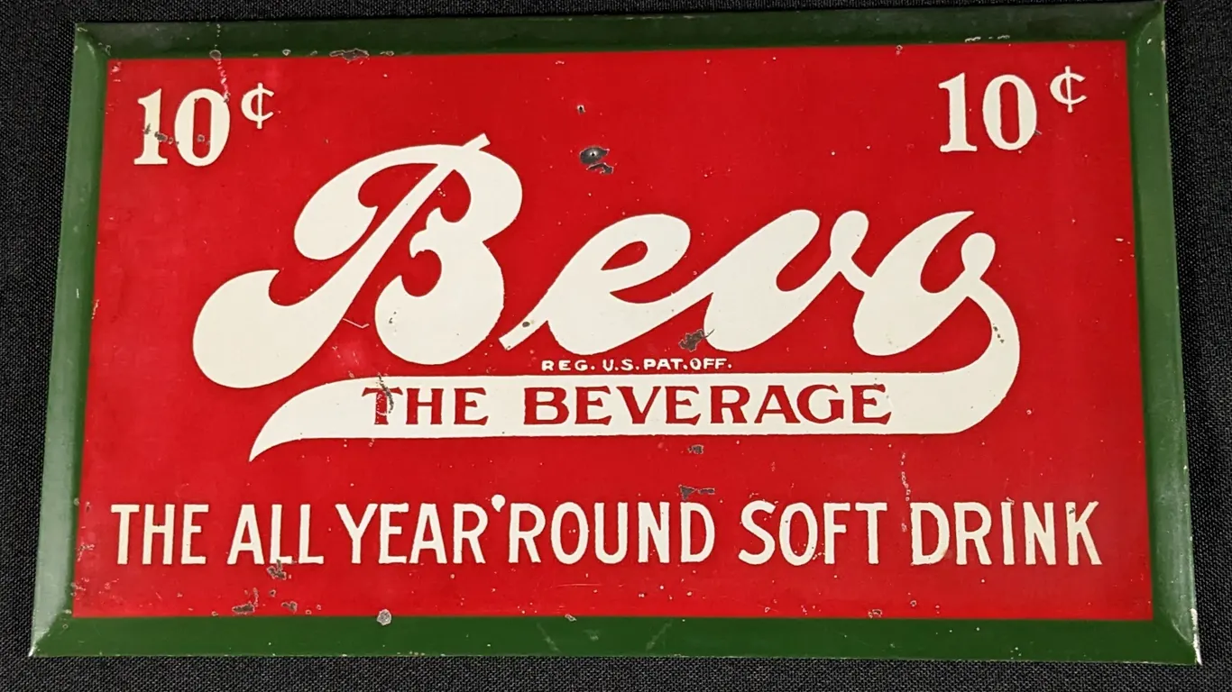 TOC TIN SIGN PROHIBITION ERA 10¢ BEVO THE BEVERAGE ANHEUSER BUSCH ST LOUIS