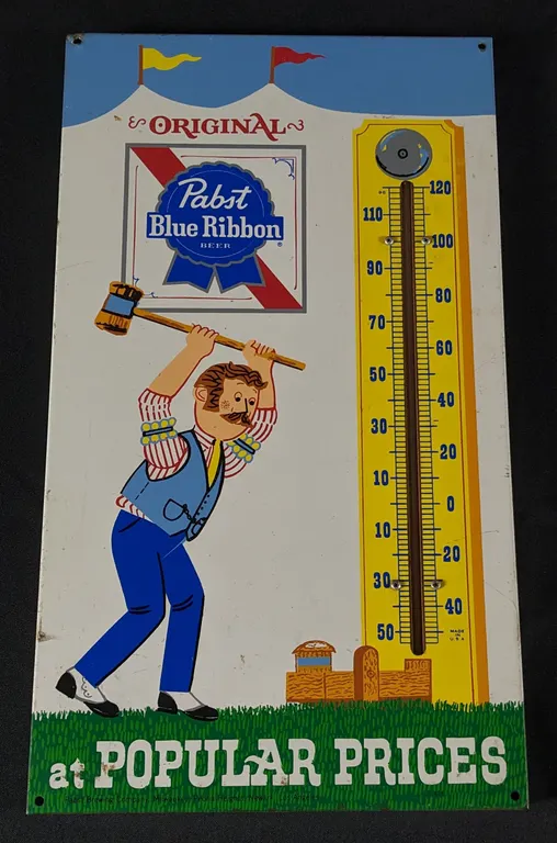 TIN THERMOMETER SIGN ORIGINAL PABST BLUE RIBBON BEER AT POPULAR PRICES