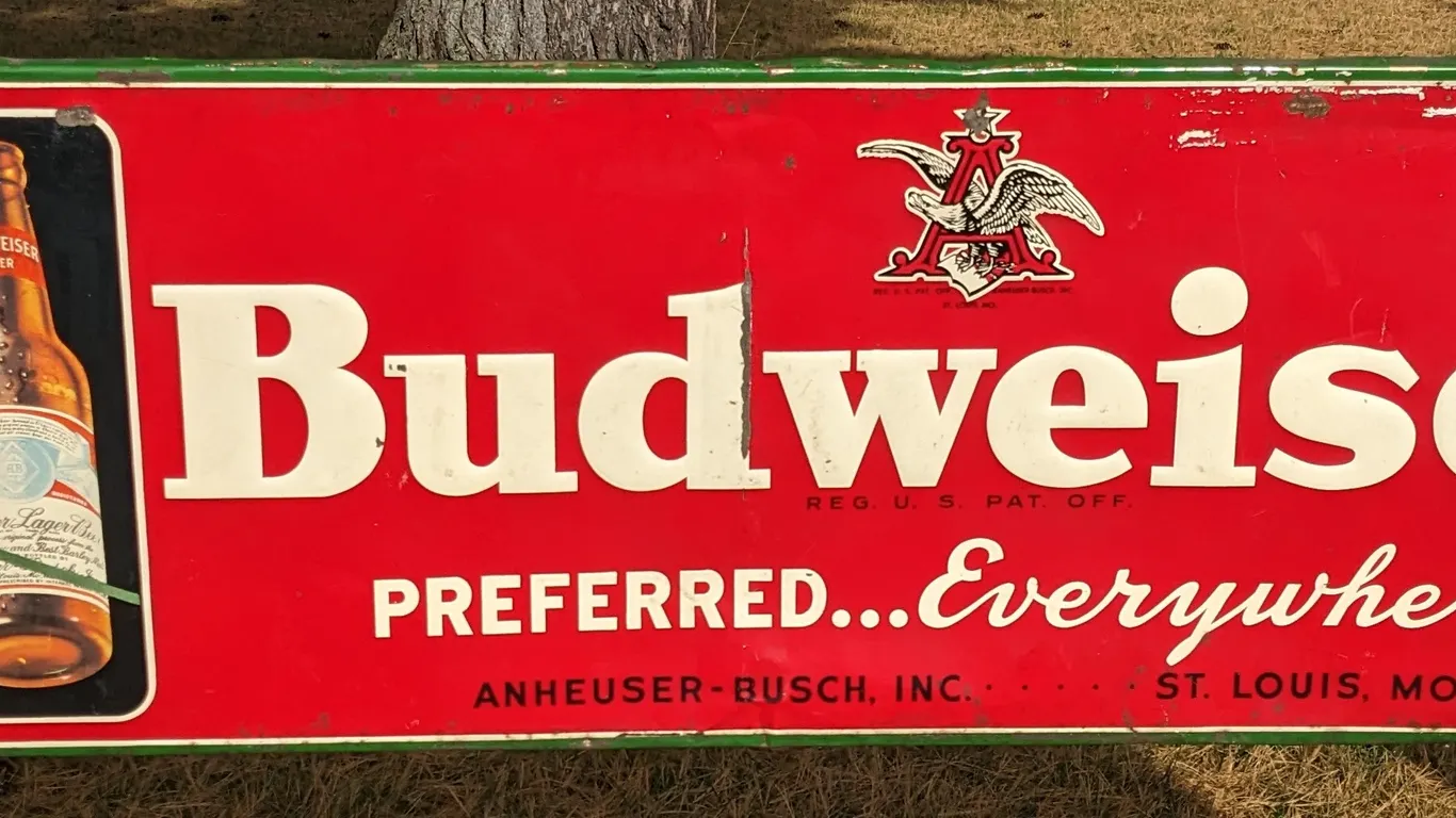 EMBOSSED TIN SIGN BUDWEISER BEER PREFERRED EVERYWHERE ST LOUIS