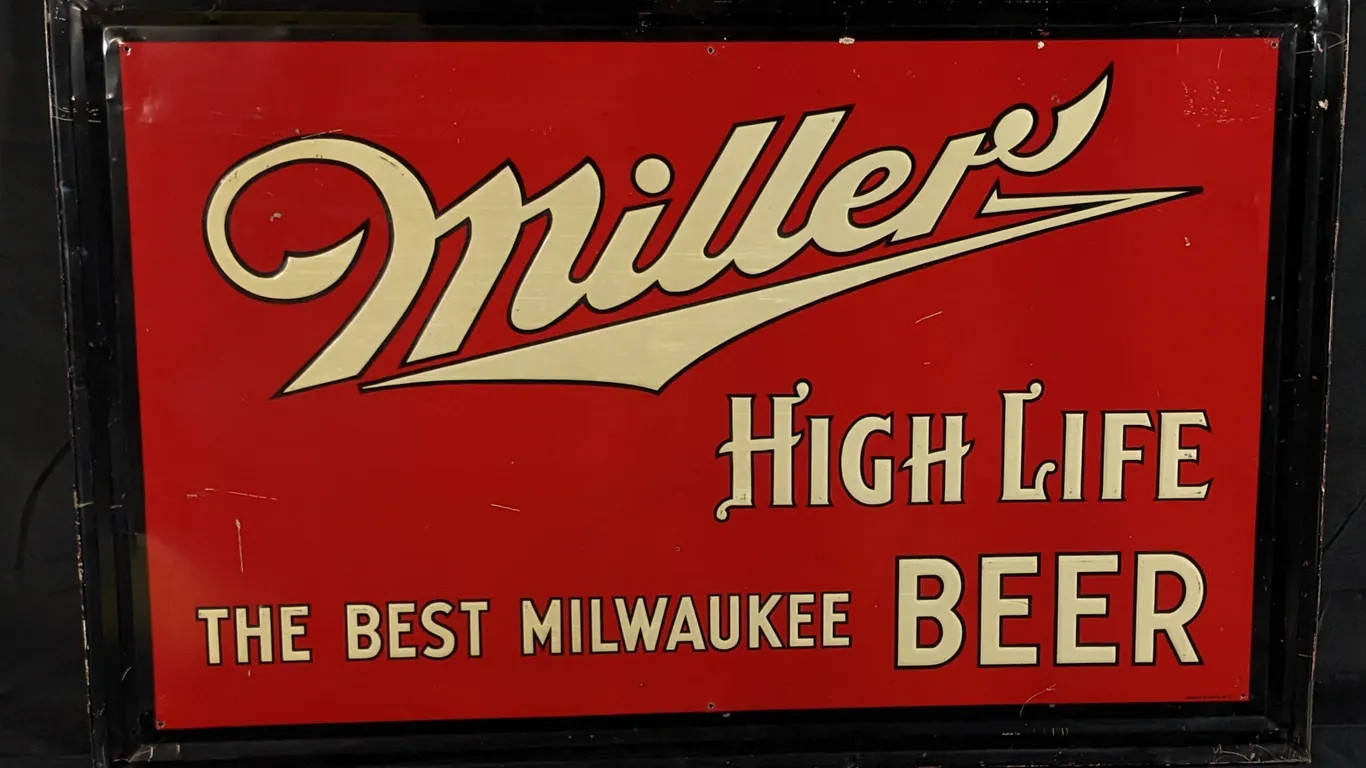 EMBOSSED TIN SIGN MILLER HIGH LIFE THE BEST MILWAUKEE BEER WISCONSIN