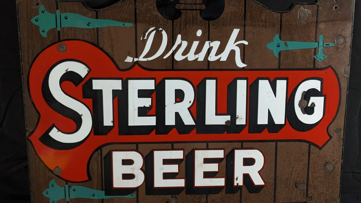 PORCELAIN SIGN DRINK STERLING BEER EVANSVILLE INDIANA (2 SIDED)