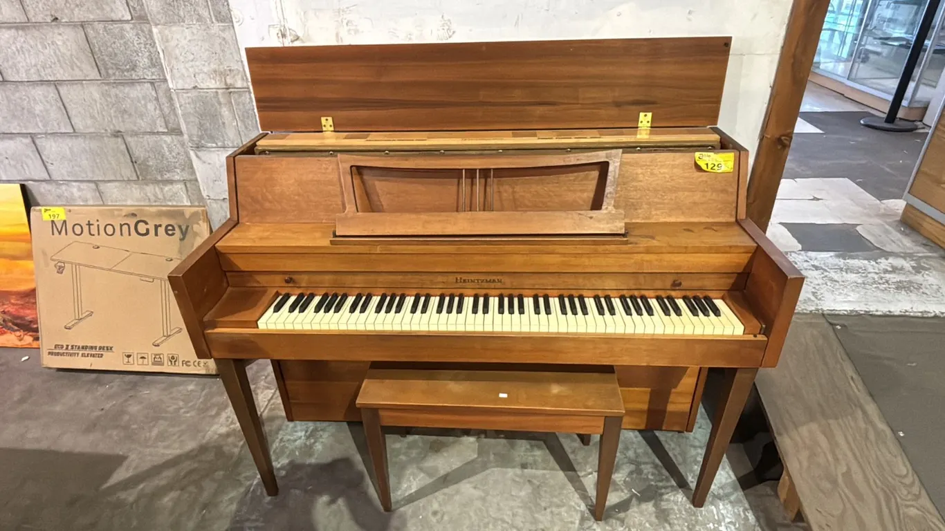HEINTZMAN VERTICAL GRAND PIANO WITH BENCH: CIRCA 1971