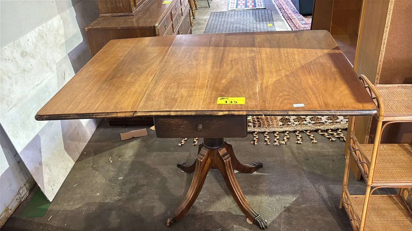 VINTAGE WOOD DROP-LEAF PEDESTAL TABLE WITH DRAWER STORAGE: CONTAINS SEVERAL DECKS OF PLAYING CARDS