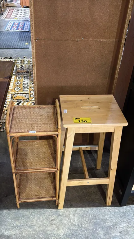 VINTAGE 3-TIER BAMBOO PLANT STAND & APPROX. 36" TALL WOOD STOOL
