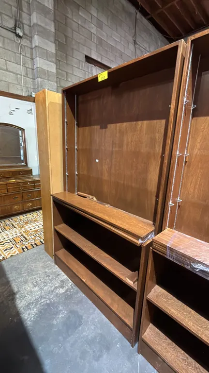 6 TIER WOOD STORAGE CABINET: APPROX. 80"T X 48"W X 14"D (AT ITS DEEPEST POINT)