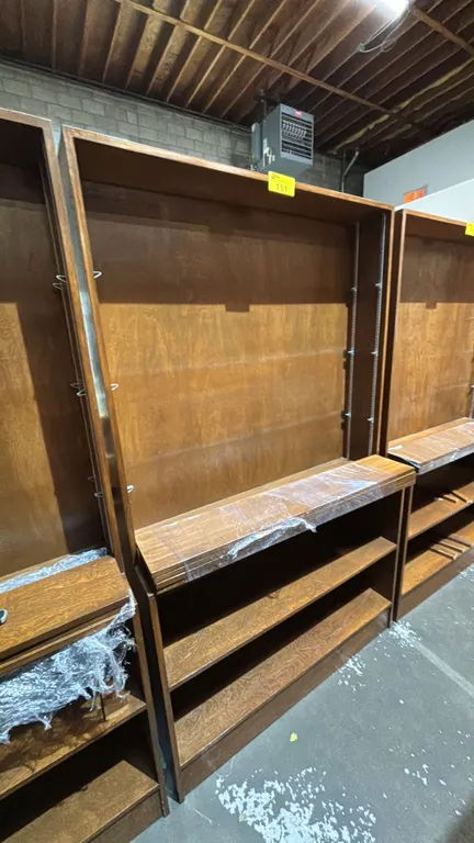 6 TIER WOOD STORAGE CABINET: APPROX. 80"T X 48"W X 14"D (AT ITS DEEPEST POINT)