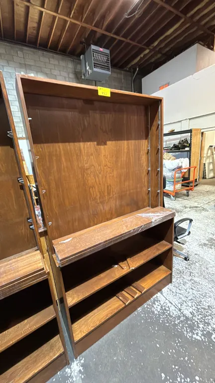 6 TIER WOOD STORAGE CABINET: APPROX. 80"T X 48"W X 14"D (AT ITS DEEPEST POINT)