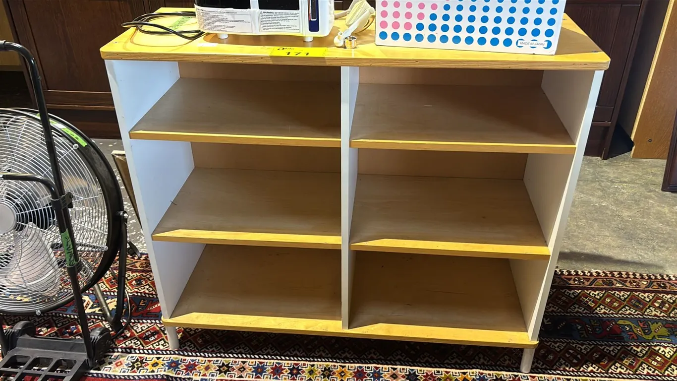 WOOD 6-CUBBY STORAGE UNIT: APPROX. 36.5"W X 31"T X 13"D