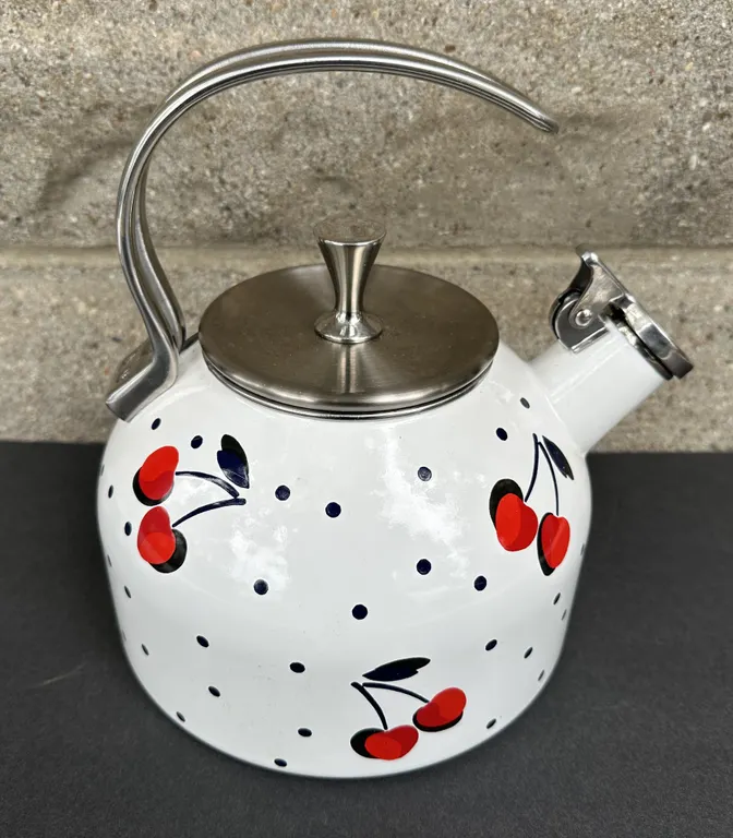 Kate Spade Enamel Cherry Heart Dot Brushed Chrome Teapot Tea Kettle