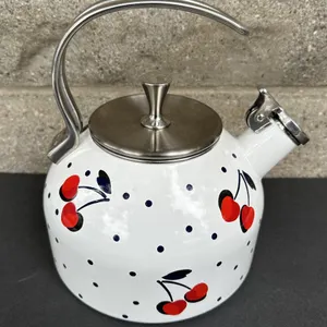 Kate Spade Enamel Cherry Heart Dot Brushed Chrome Teapot Tea Kettle
