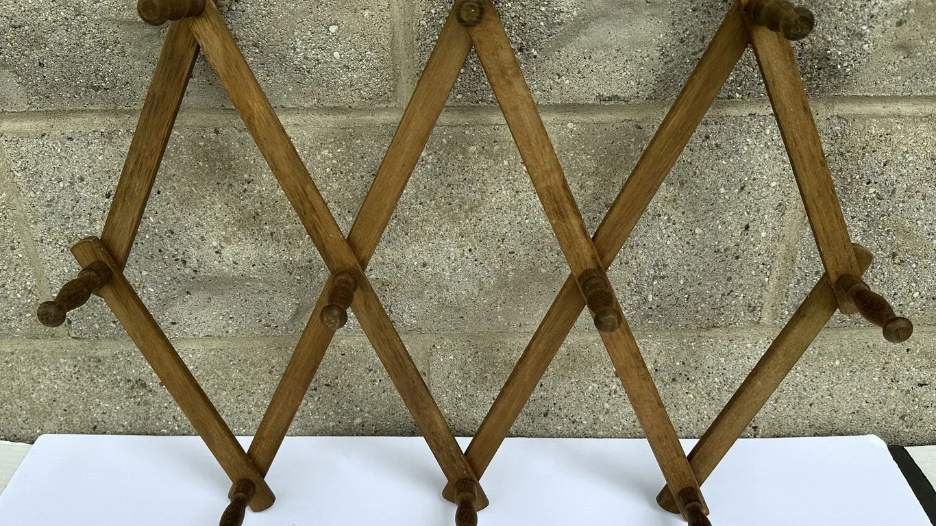Vintage Accordion Wood & Peg Wall Rack Coat Hanger