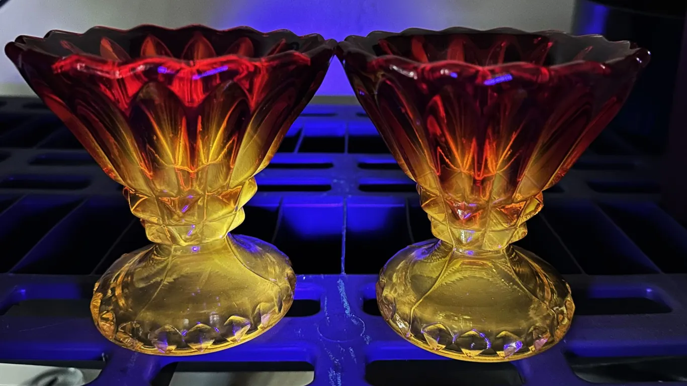 Pilgrim Glass Cadmium America Footed Taper Candle Holders