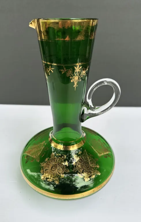Bohemian Green Art Glass Gold Accent Vase Pitcher
