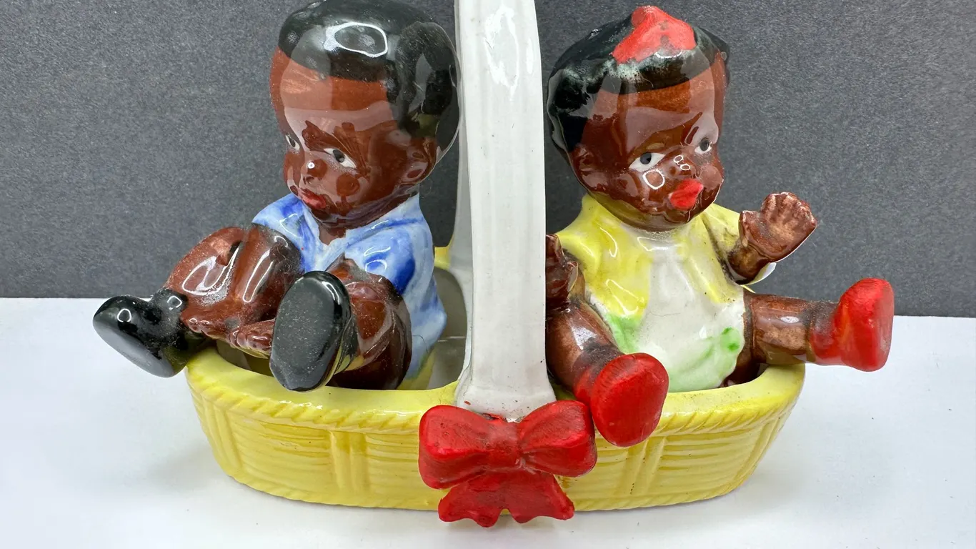 Black Americana Japan Ceramic Children in Basket Salt & Pepper Shakers