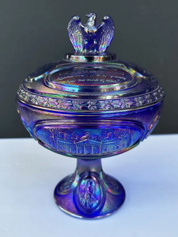 Rare Fenton Blue Carnival Glass 1976 Bicentennial Compote Covered Candy Eagle Finial