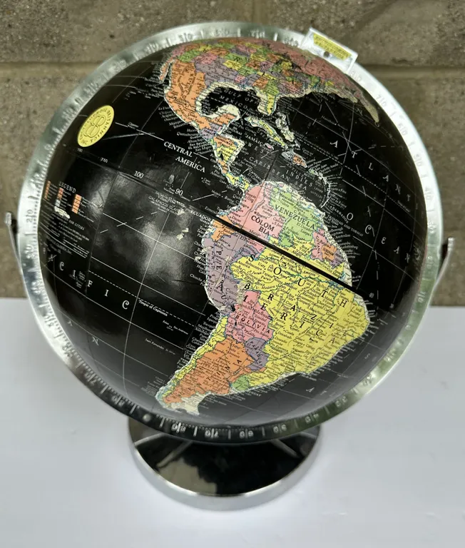 MCM Encyclopedia Britannica 12” World Globe Replogle Black Ocean Chrome Base