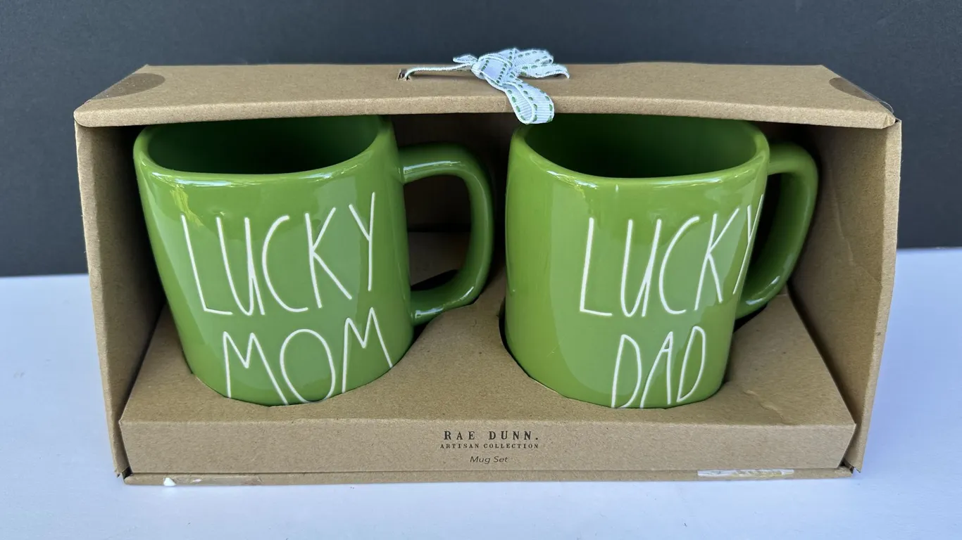 Rae Dunn Lucky Dad & Mom Green Ceramic Mugs New in Package