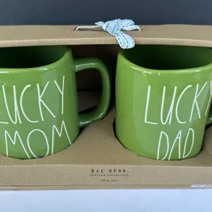 Rae Dunn Lucky Dad & Mom Green Ceramic Mugs New in Package