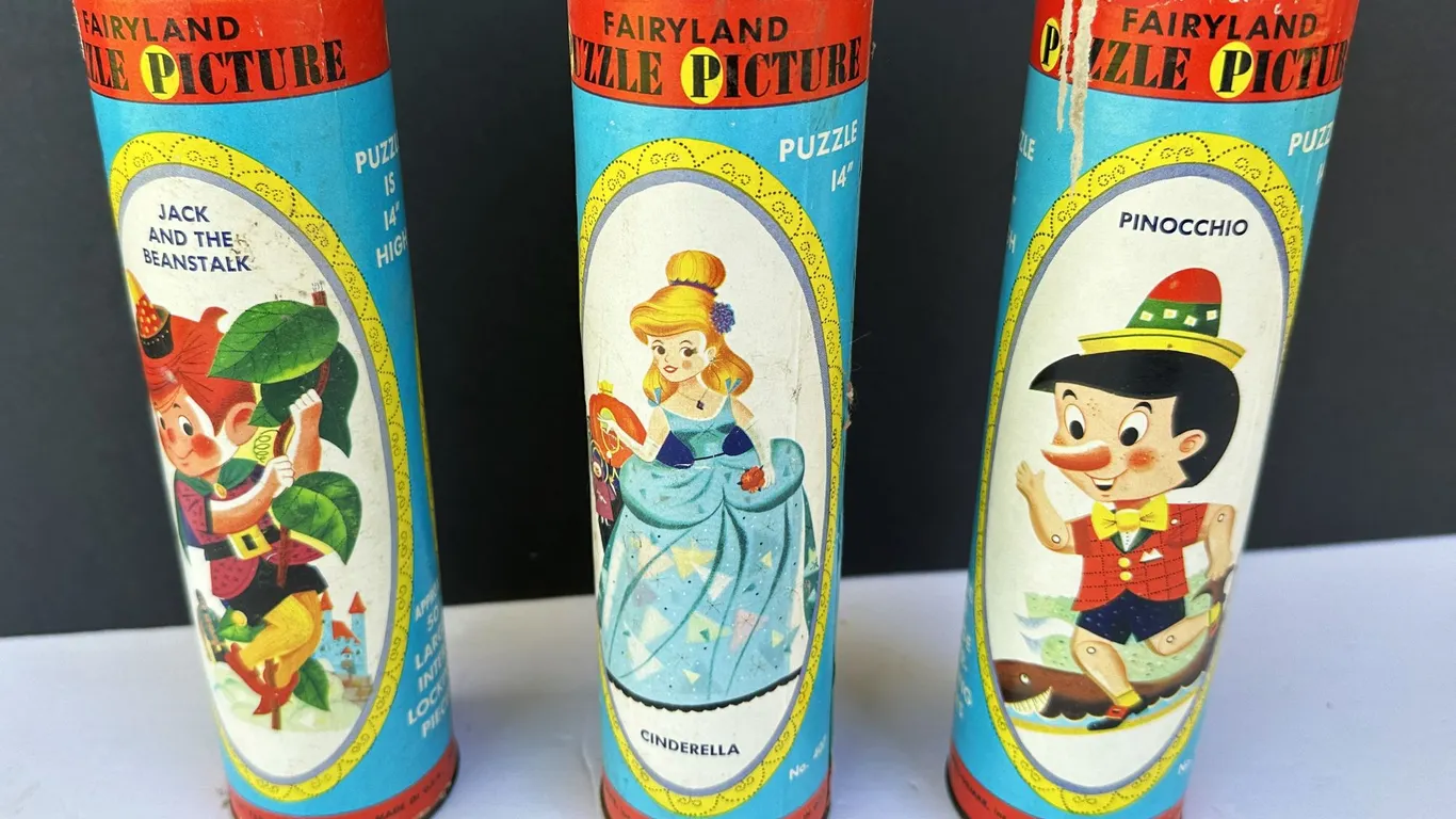 Mid Century Fairyland Puzzle Pictures Canister Tube