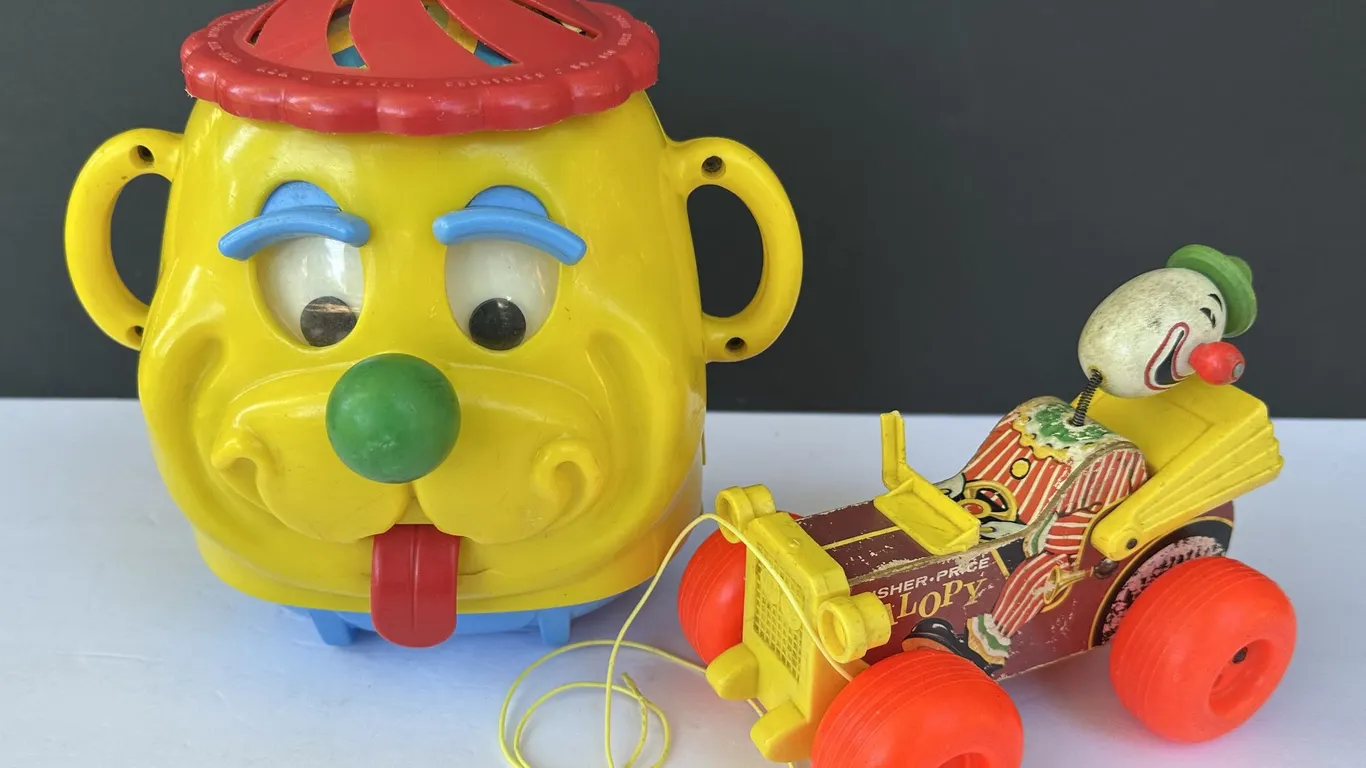 1965 Fisher Price Jolly Jalopy Pull Toy & 1973 Kohner Busy Faces