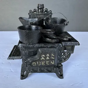 Vintage Miniature Toy Queen Cast Iron Stove & Accessories