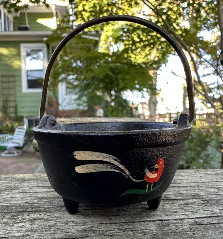Handled Hand Painted Rooster Miniature Cast Iron Kettle Bean Pot