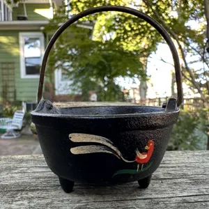 Handled Hand Painted Rooster Miniature Cast Iron Kettle Bean Pot
