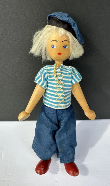 1940s Hand Painted Wood Peg Sailor Girl 7.5" Doll