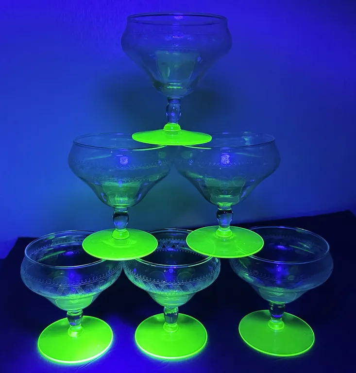 Elegant Tiffin Glass Franciscan Needle Etched Uranium Vaseline Green Foot Sherbet Set